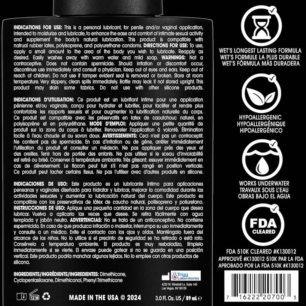 Wet Platinum Luxury Silicone Lubricant 9 Oz bottle back label with usage instructions and ingredient list.