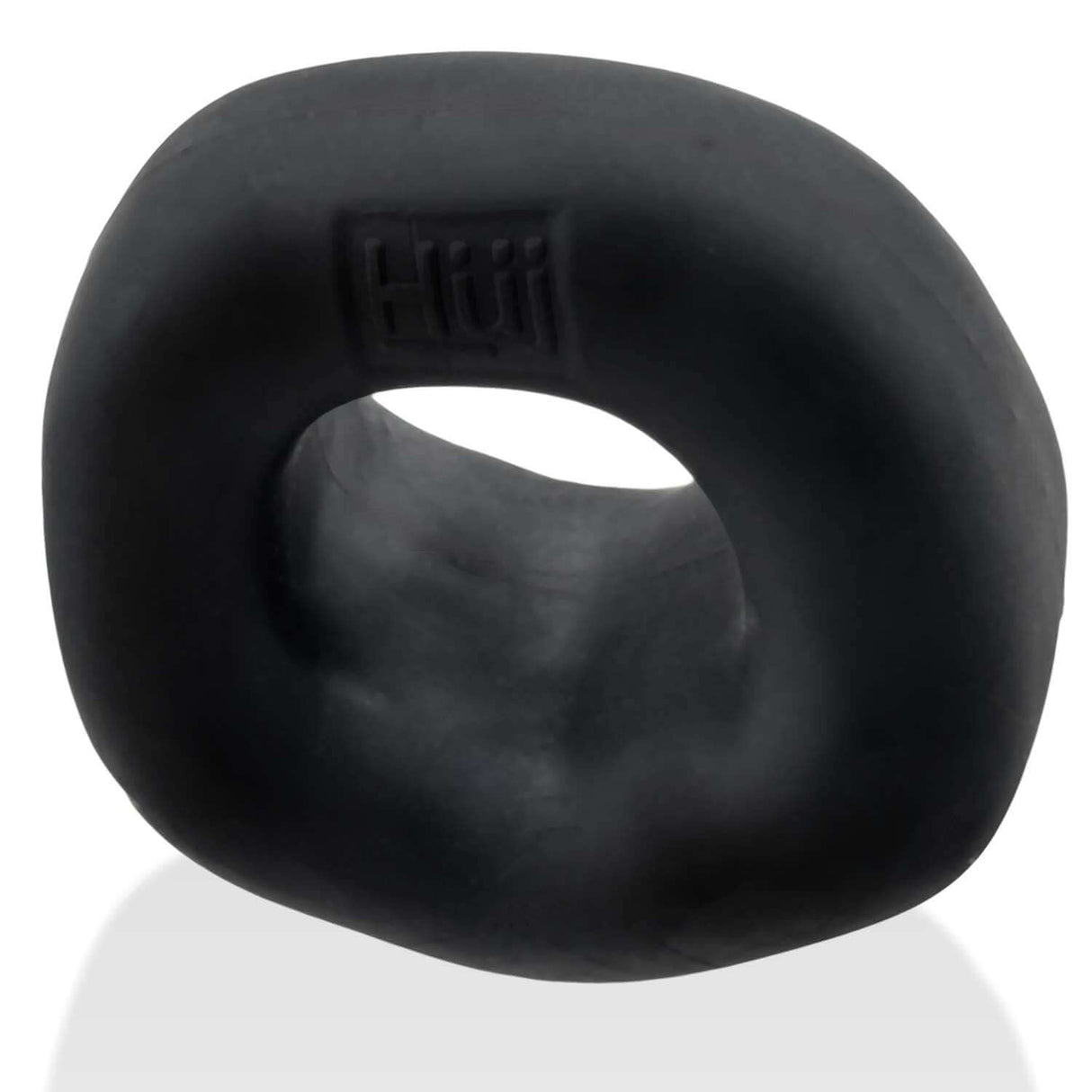 Oxballs Fit Bulge Hung-Style Cockring Black Fog made of thick black rubber for comfort and support.