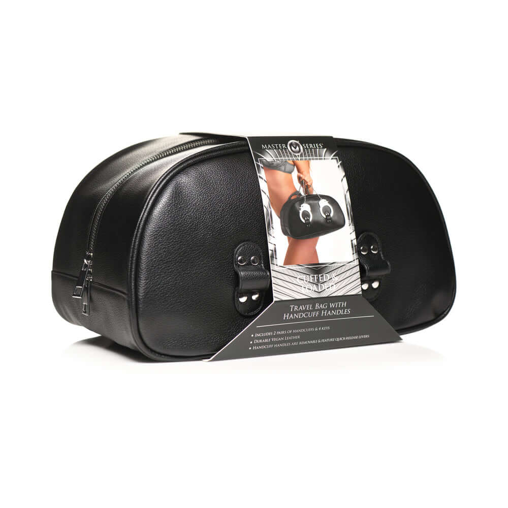 Master Series cuffed travel bag in faux leather with handcuff handles for stylish bondage essentials.