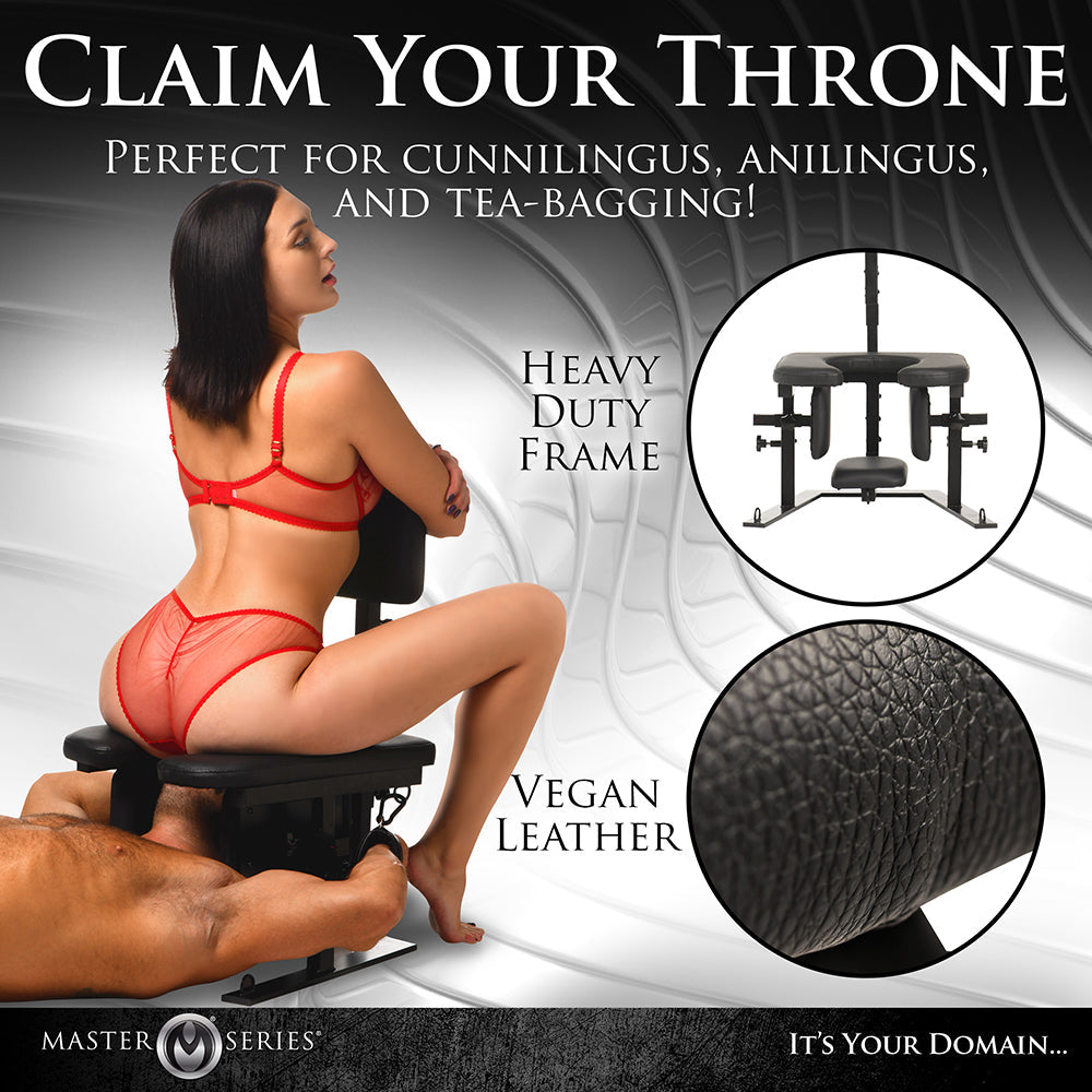 Master Series Pleasure Throne designed for kinky activities like cunnilingus and tea-bagging, featuring a heavy-duty frame.