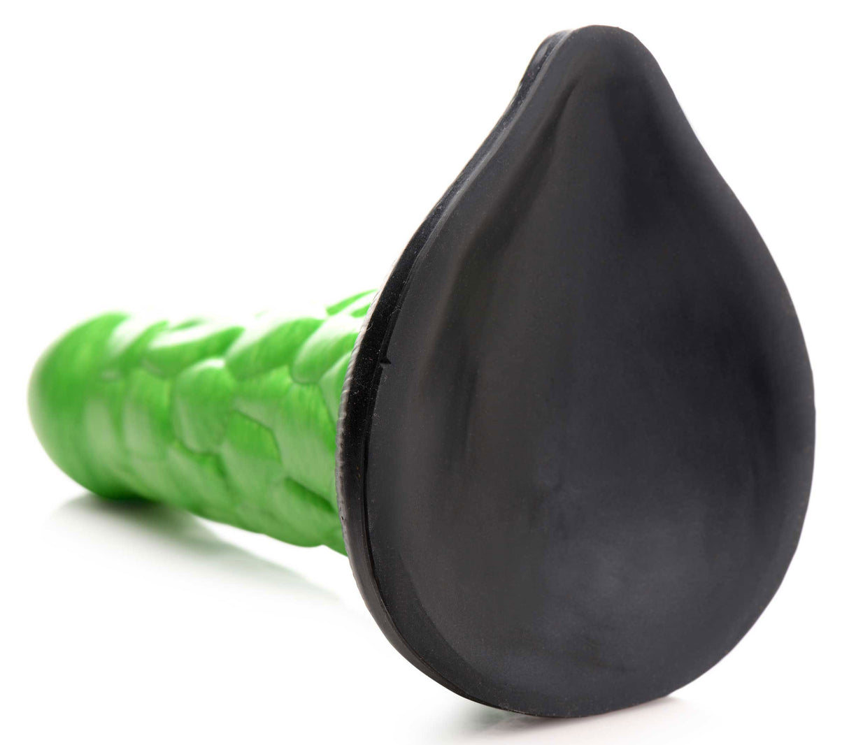 Radioactive Reptile Thick Scaly Silicone Dildo Green with black base and textured green shaft for fantasy role-play.