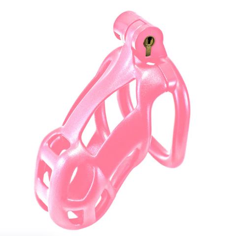 Kink Chastity Series Locking Cock Cage Medium Pink, customizable chastity device for extended wear, bright pink color.