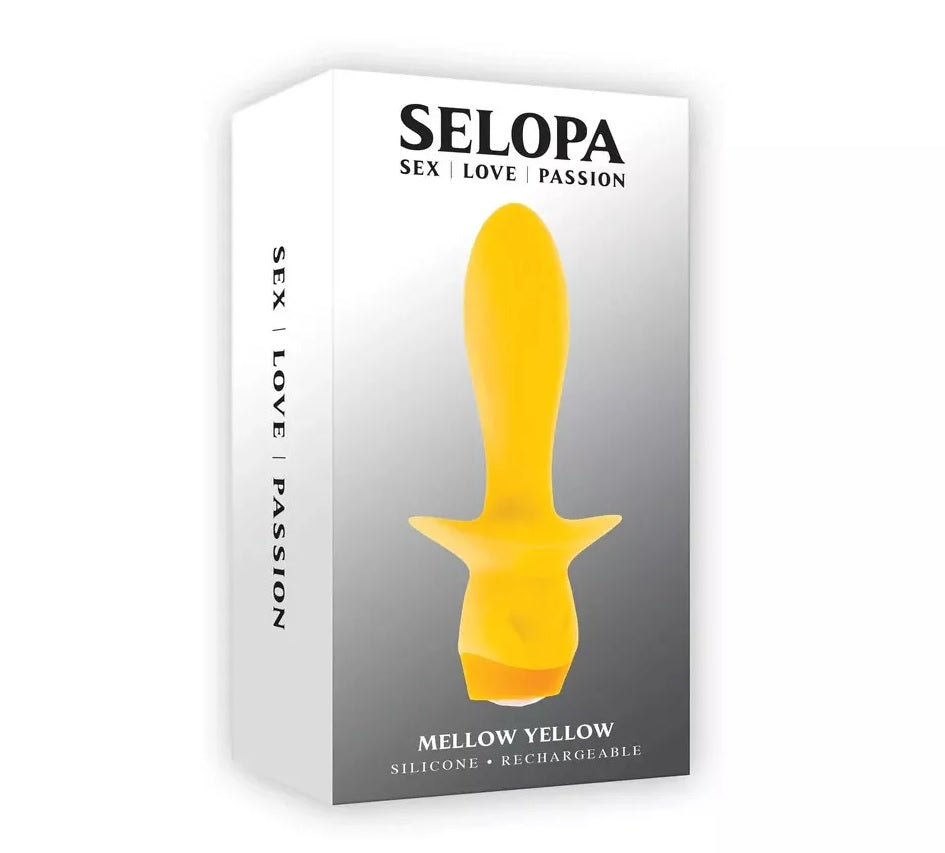 Selopa Mellow Yellow Silicone Vibrating Plug Yellow packaging featuring bright yellow plug and box design.