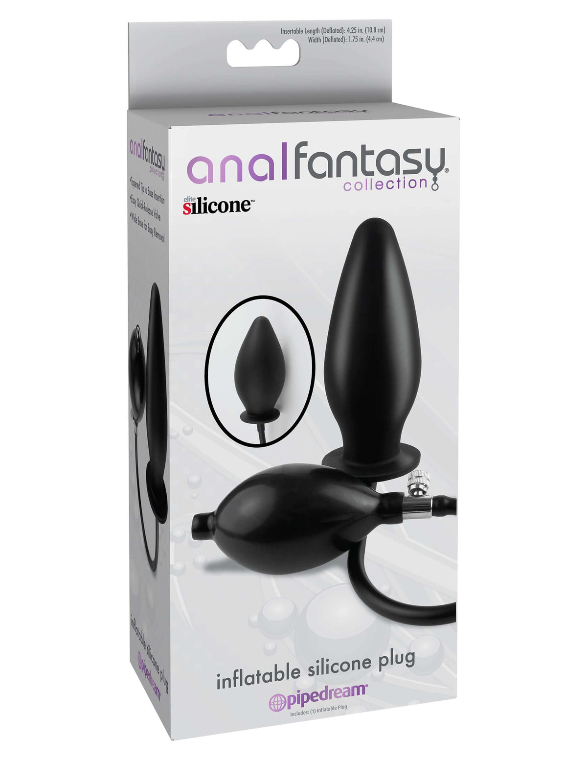 Anal Fantasy Collection Inflatable Silicone Plug Black packaging with details and product image.
