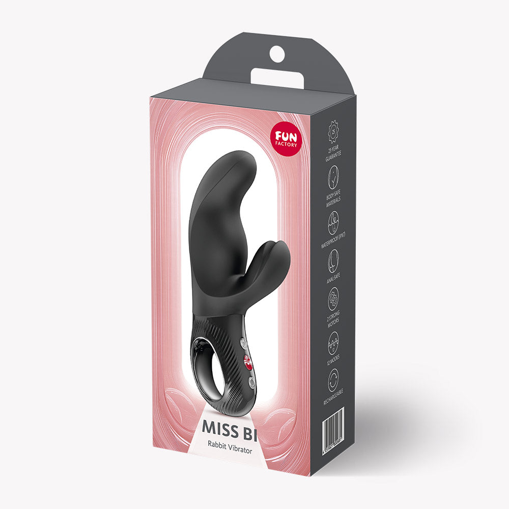 Fun Factory Miss Bi Black Line Dual Action Vibrator in packaging, showcasing premium rabbit-style design for dual stimulation.