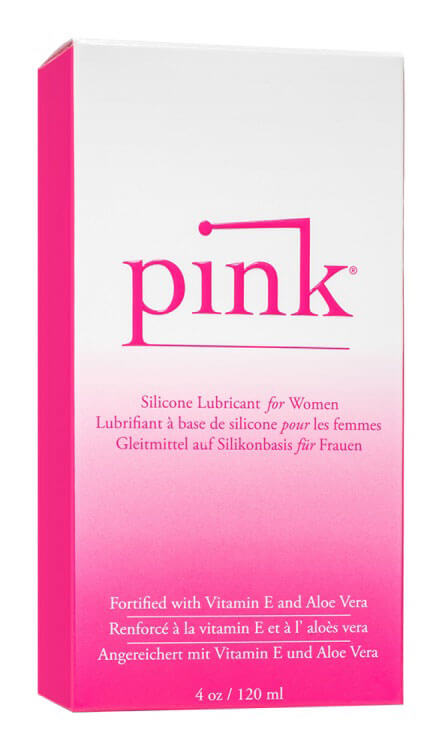Pink Silicone Lubricant for Women 4 Oz Glass Bottle packaging featuring vitamin E and aloe vera.