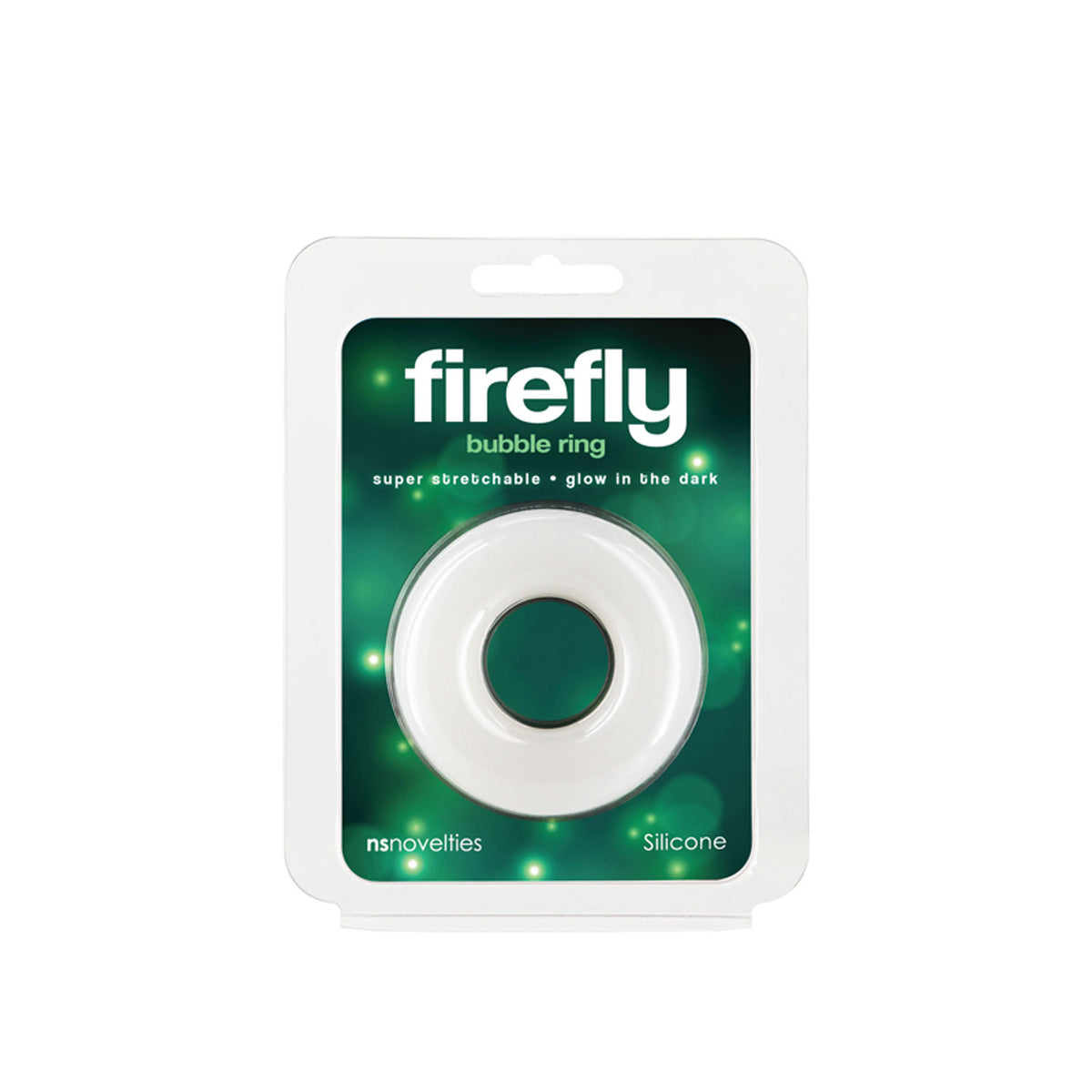 Firefly Bubble Ring Glow in the Dark Cock Ring Large White product packaging showing a stretchy silicone ring.