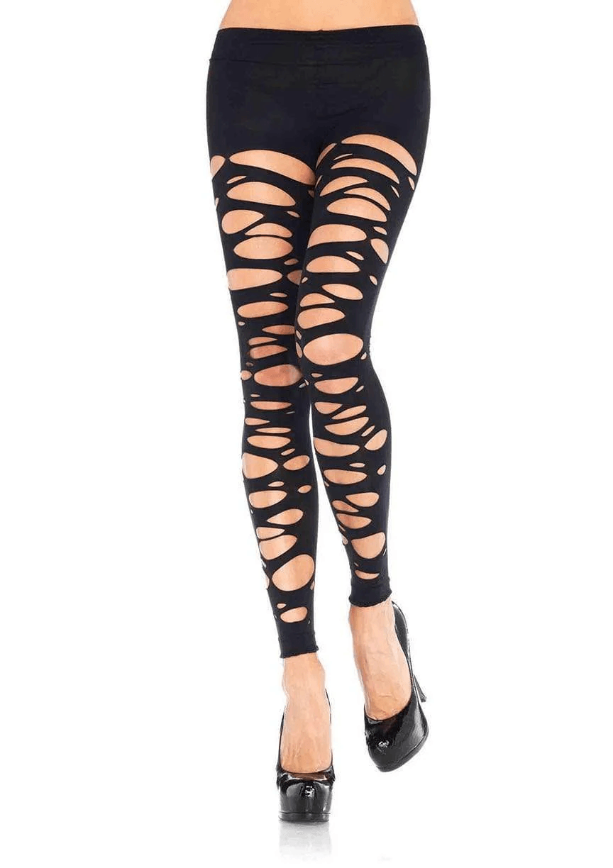 Leg Avenue Tattered Footless Tights Black OS featuring dramatic cutout detailing and a bold design for edgy looks.