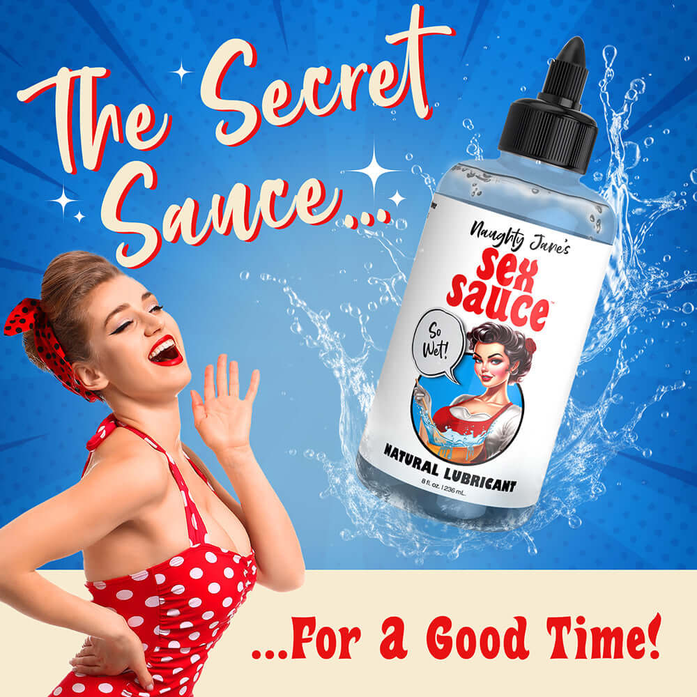 Naughty Jane's Sex Sauce 8 oz natural lubricant bottle with playful retro model promoting fun and safe intimacy.