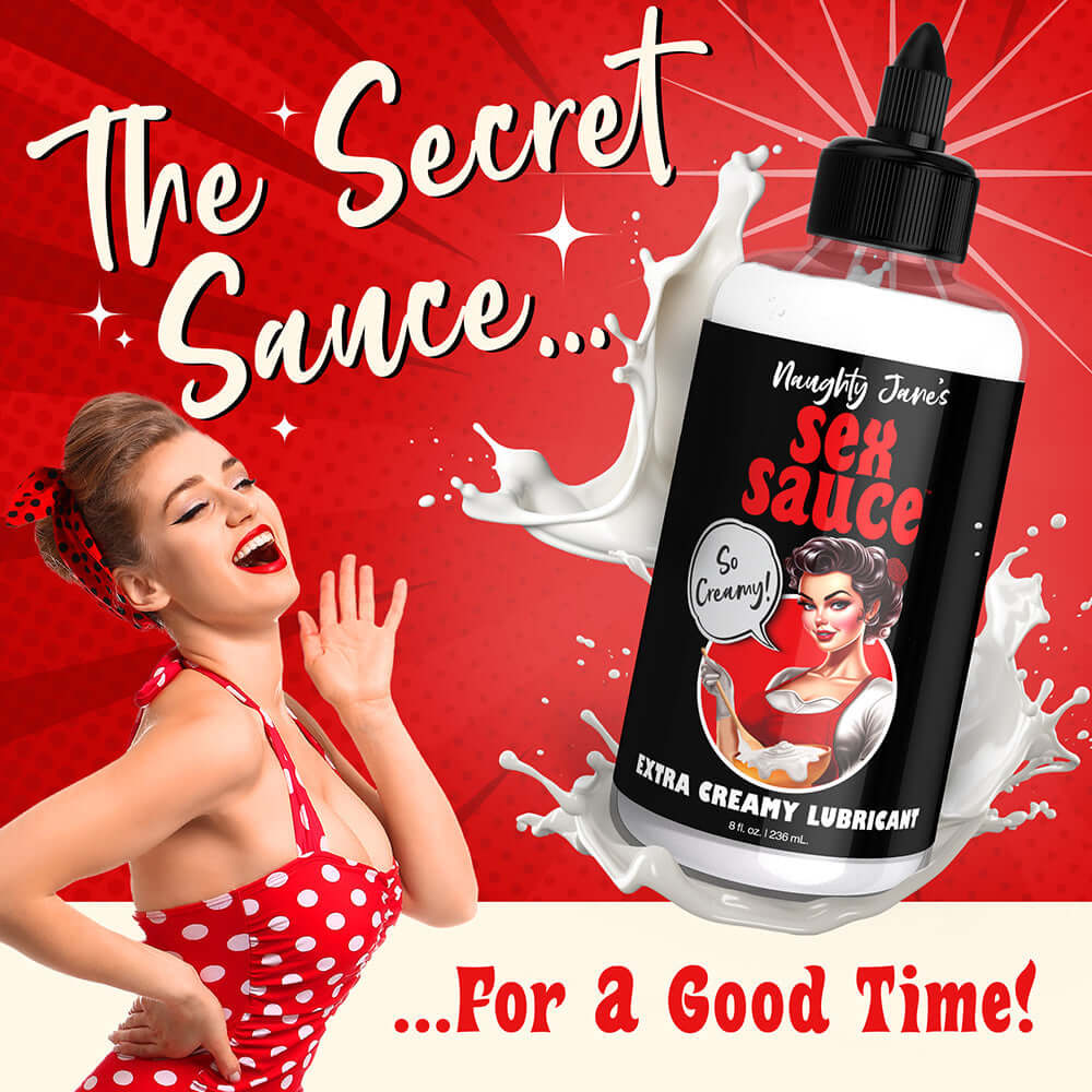 Naughty Jane's Extra Creamy Sex Sauce lubricant bottle against a vibrant red background, perfect for enhancing intimate moments.