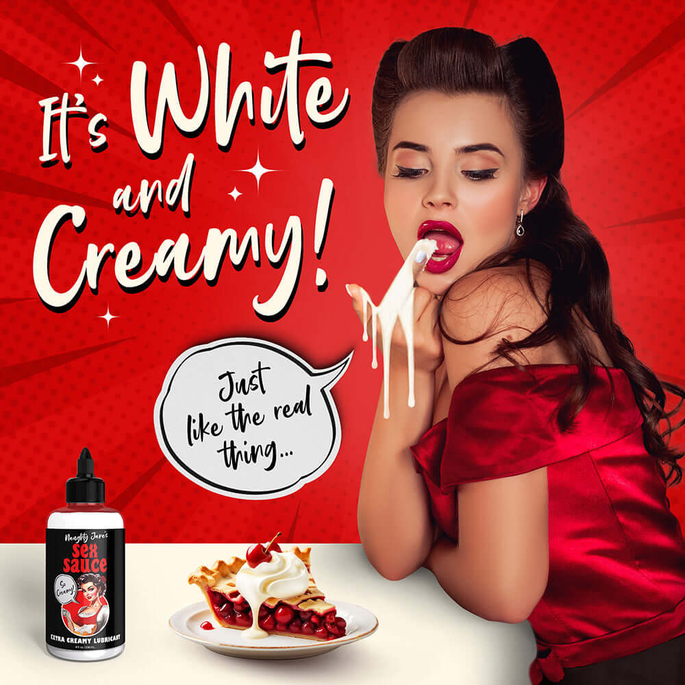 Model enjoying Naughty Jane's extra creamy sex sauce with cake, promoting its thick and indulgent texture.