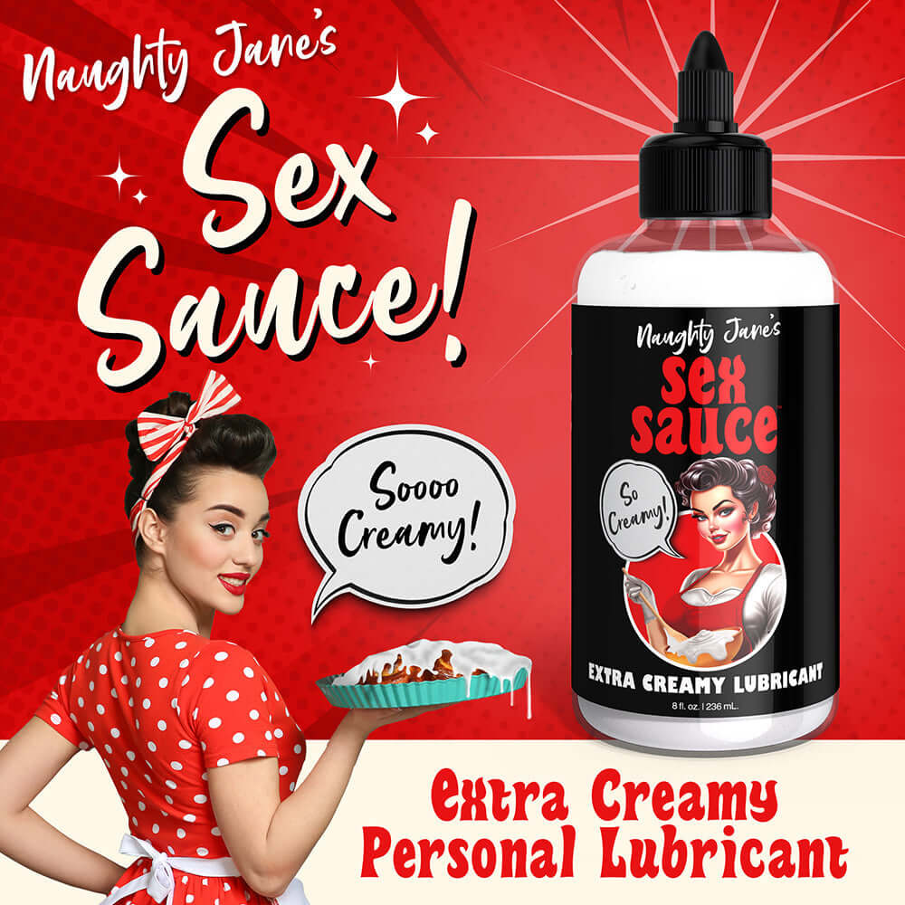 Naughty Jane's Extra Creamy Sex Sauce lubricant bottle with woman in retro outfit, promoting a fun and sensual experience.