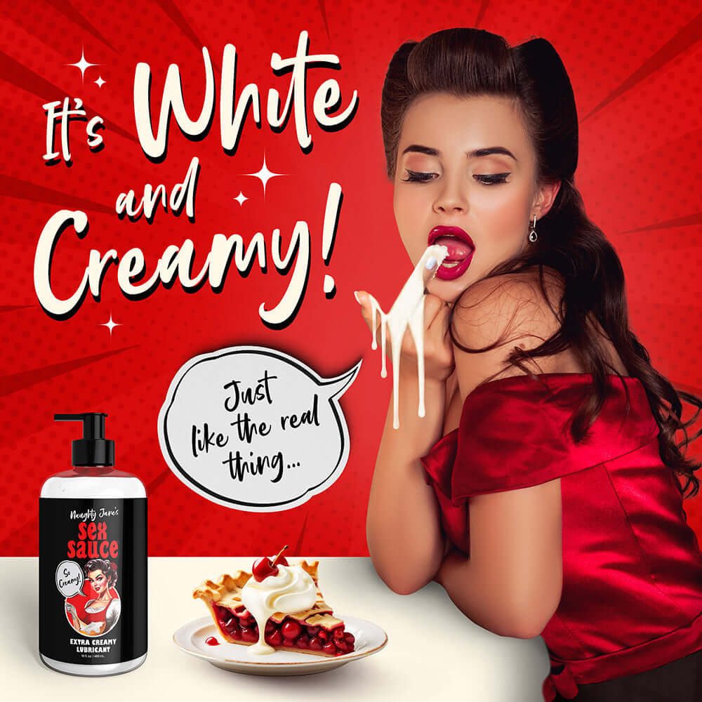 Naughty Jane's Extra Creamy Sex Sauce displayed with a playful model, highlighting its rich texture and appealing design.