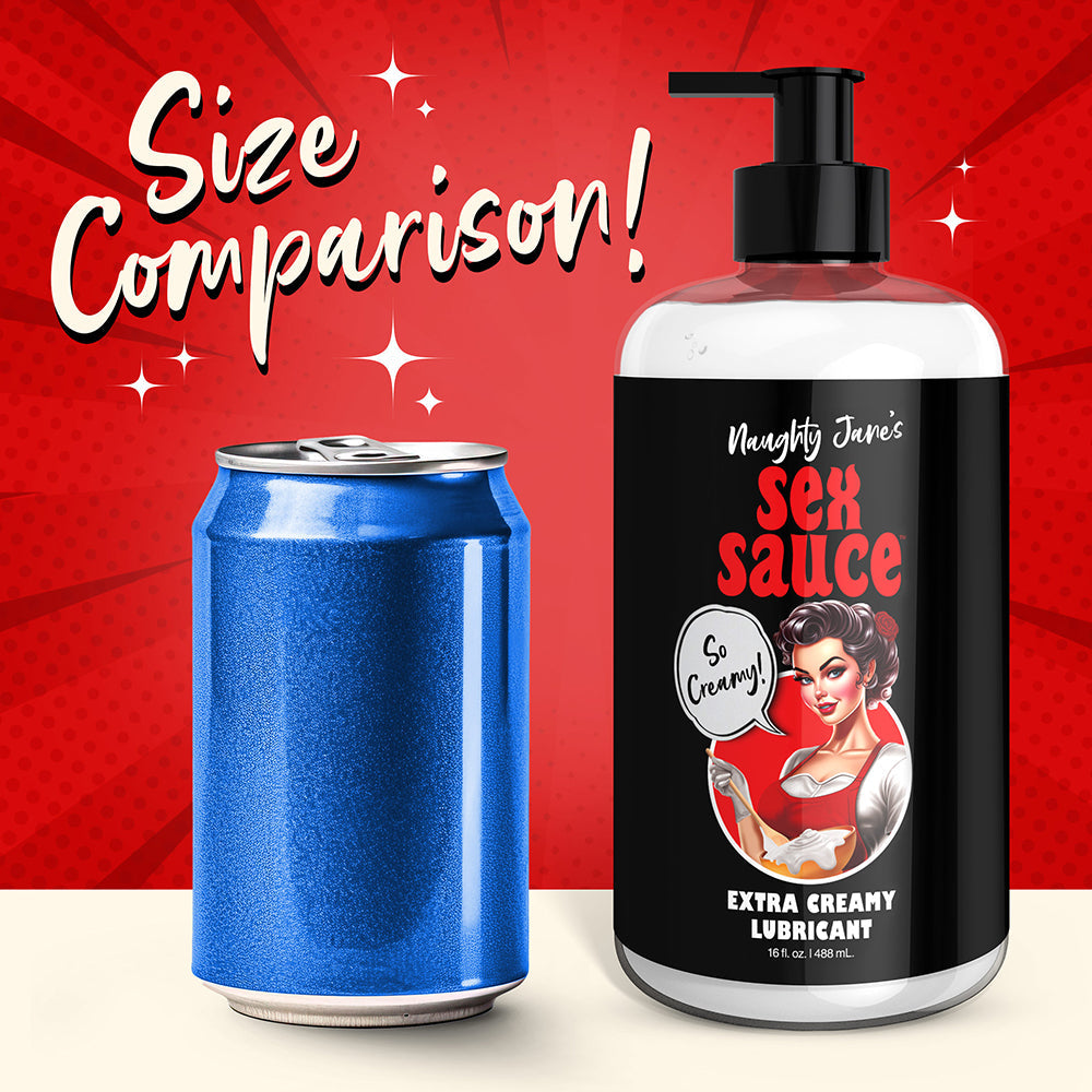 Size comparison of Naughty Jane's Extra Creamy Lubricant bottle with a soda can.