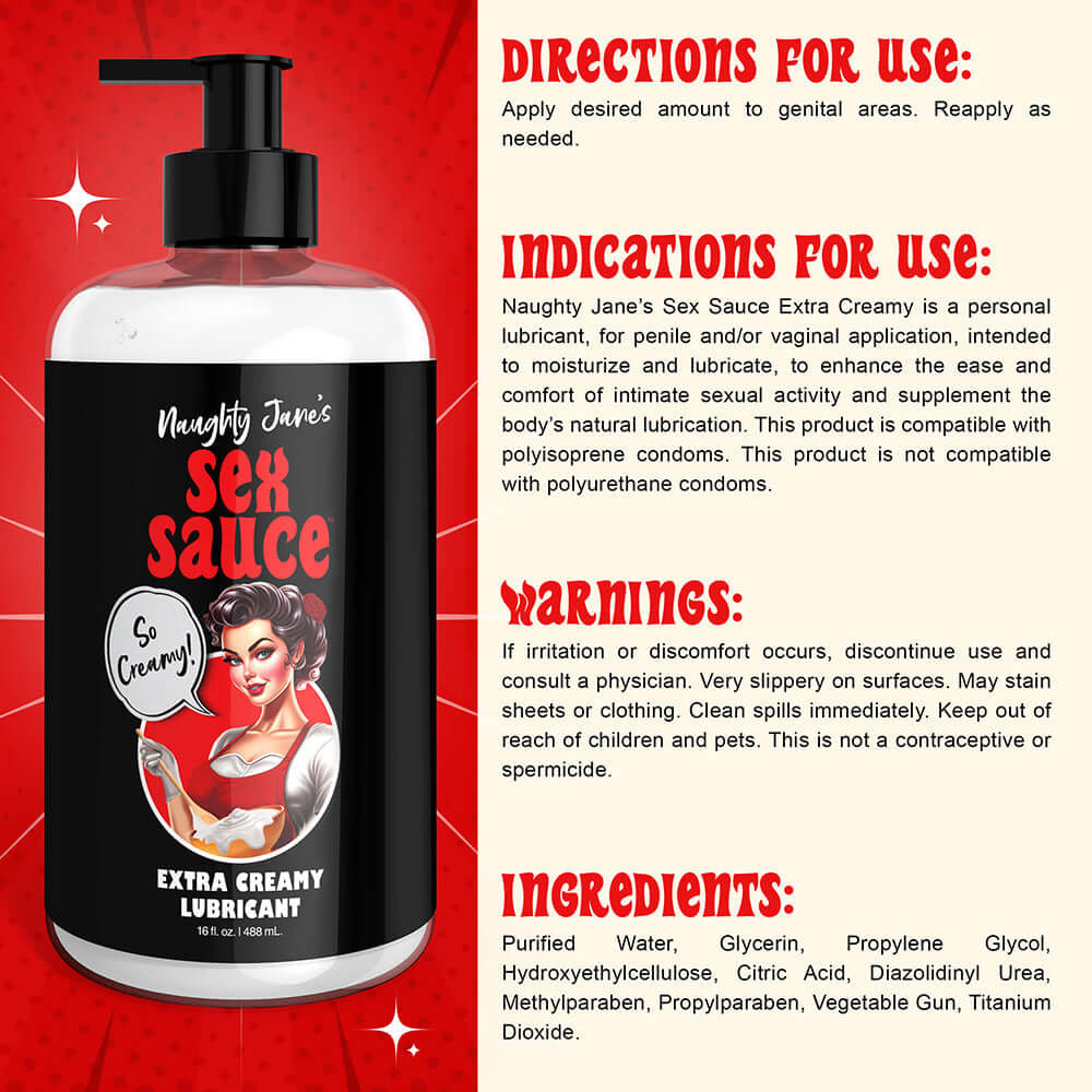 Naughty Jane's Sex Sauce Extra Creamy Lubricant bottle with directions and ingredients displayed.