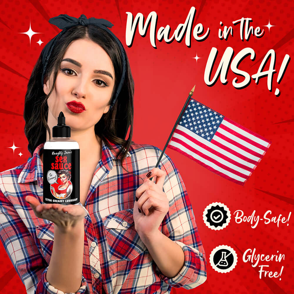 Naughty Jane's Extra Creamy Lubricant 8 oz. in a fun, vibrant setting with a USA flag, highlighting body-safe and glycerin-free features.