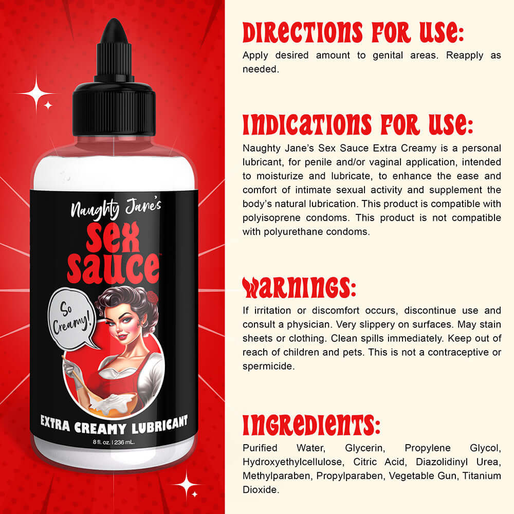Naughty Jane's Sex Sauce Extra Creamy Lubricant 8 oz bottle with directions and usage guidelines.
