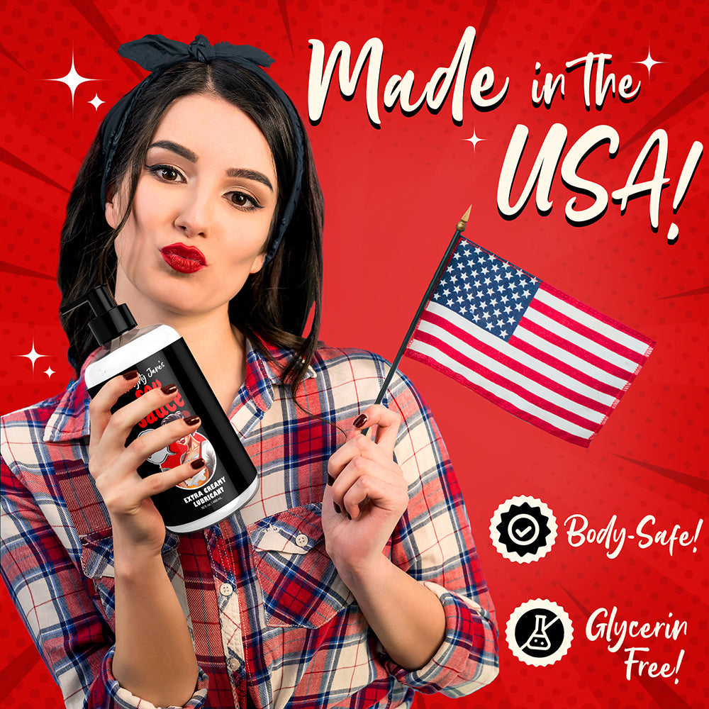 Model holding Naughty Jane's Extra Creamy Lubricant, showcasing 'Made in the USA' with American flag.