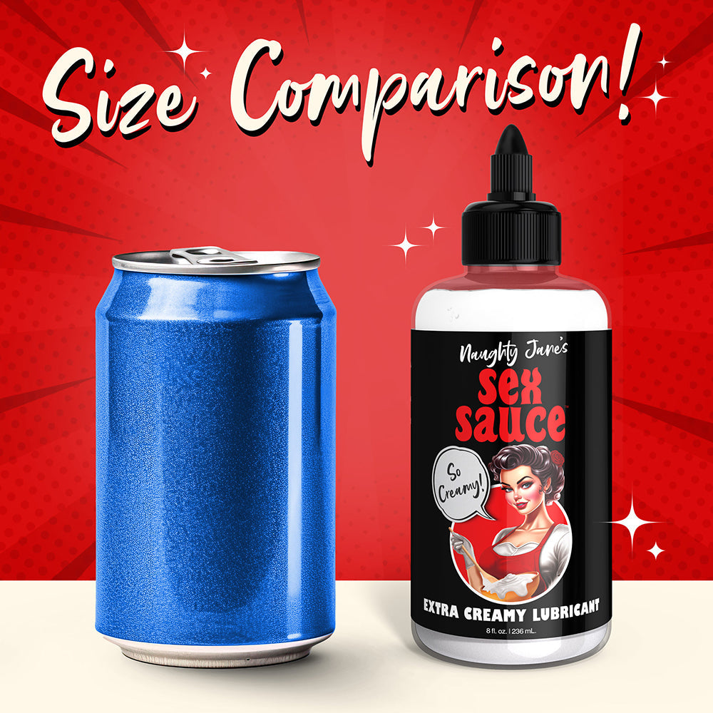 Naughty Jane's Extra Creamy Lubricant 8 oz next to a can for size comparison, showcasing its perfect packaging.