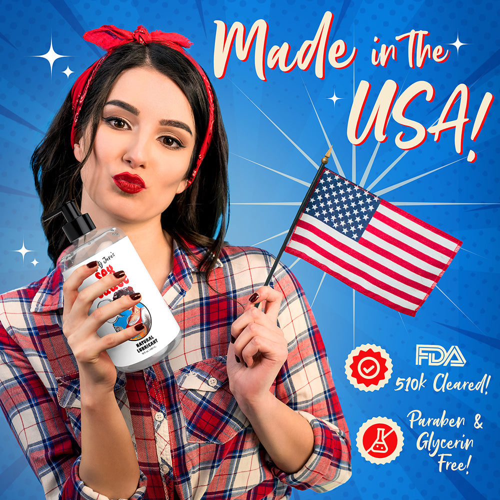 Woman holding Naughty Jane's Sex Sauce with American flag, celebrating FDA clearance and USA-made quality.