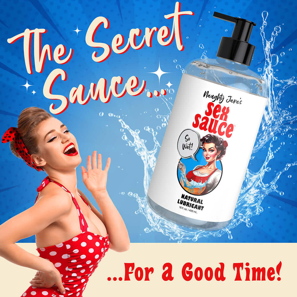 Naughty Jane's Sex Sauce natural lubricant bottle with fun retro design and playful model, promoting a fun and safe experience.