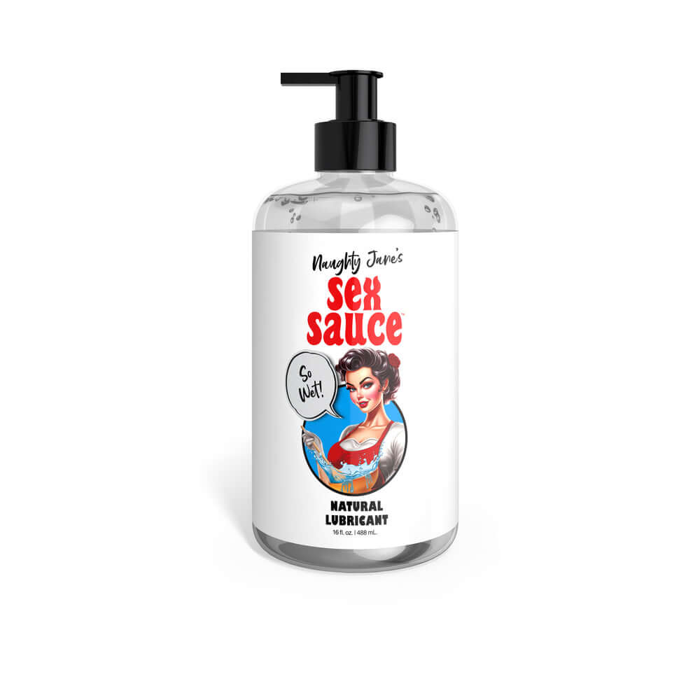 Naughty Jane's Sex Sauce 16 oz natural lubricant bottle with vintage pin-up design, ideal for enhancing intimacy.