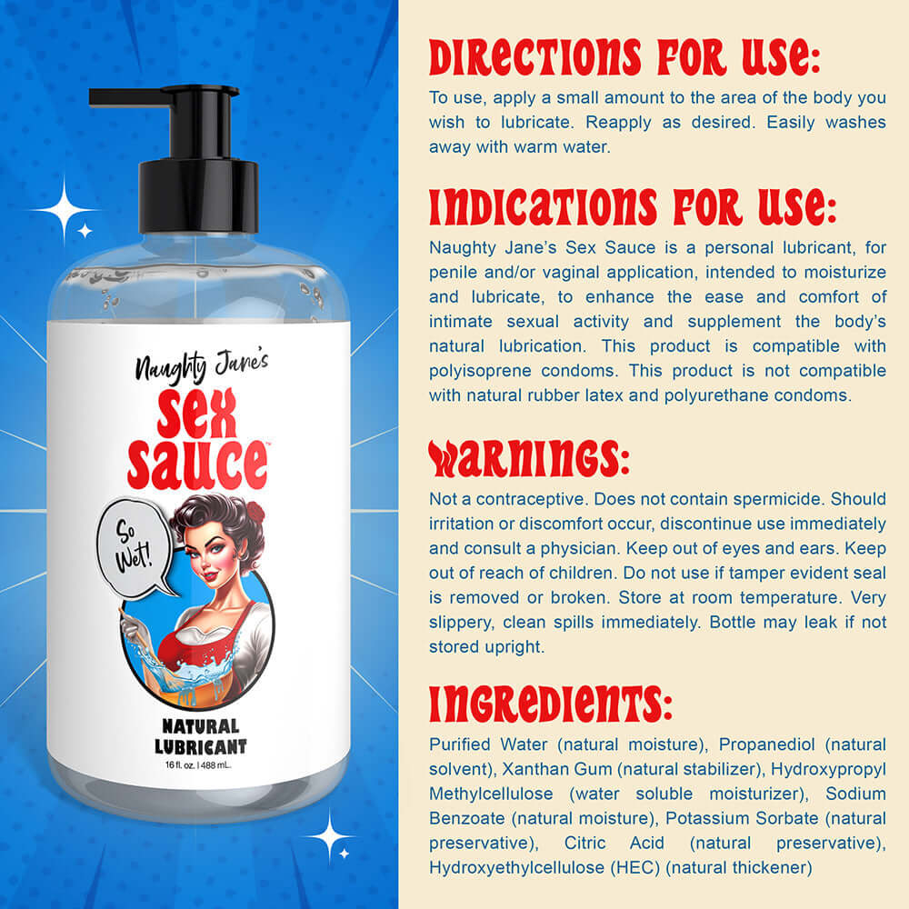 Naughty Jane's Sex Sauce 16 oz natural lubricant bottle with usage instructions and ingredients.