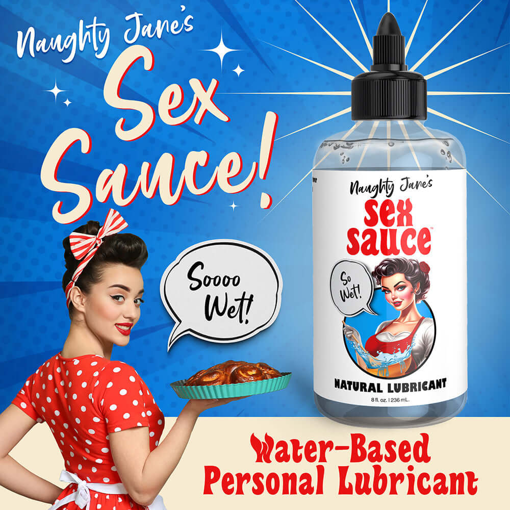 Naughty Jane's Sex Sauce natural lubricant 8 oz, water-based, body-safe, unscented, adds slip for fun.