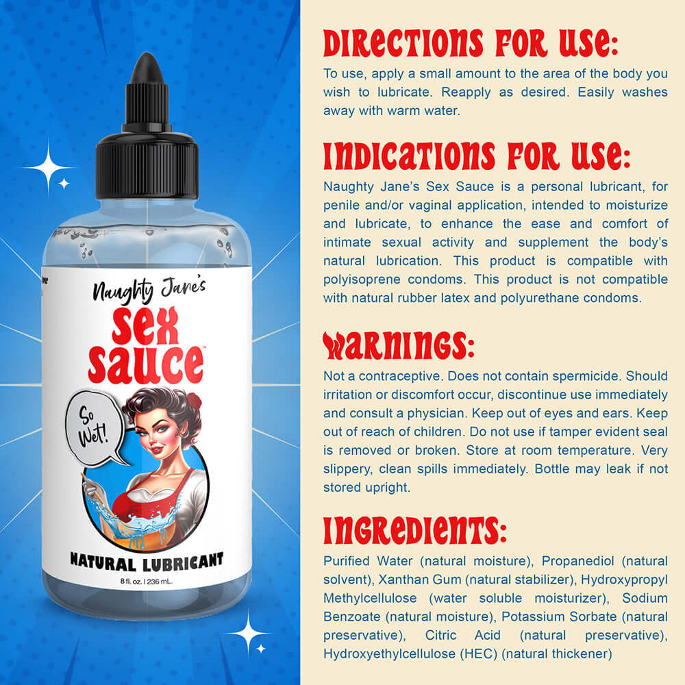 Naughty Jane's Sex Sauce Natural Lubricant 8 oz bottle with usage directions, ingredients, and safety warnings.
