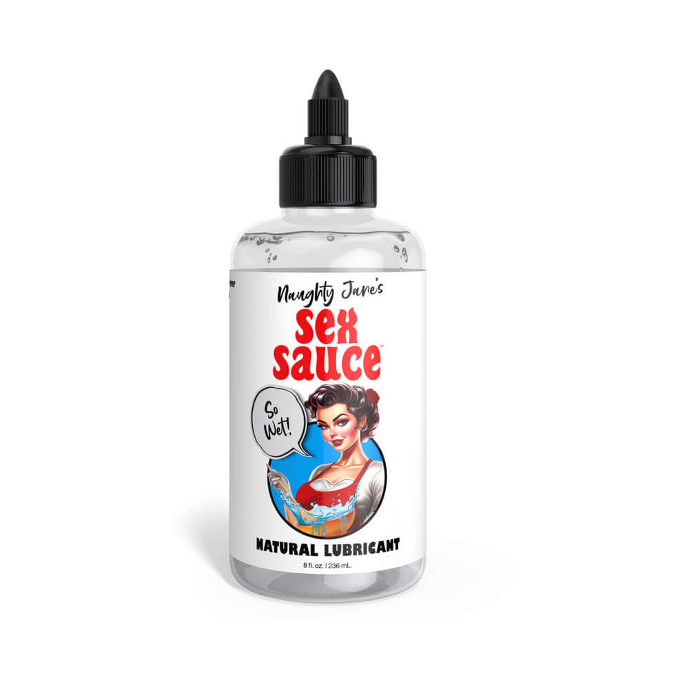 Naughty Jane's 8 oz Sex Sauce natural lubricant in a bottle with playful design, perfect for easy clean-up.