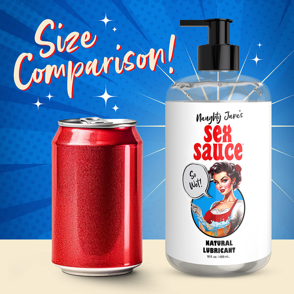 Size comparison of Naughty Jane's 16 oz Sex Sauce lubricant next to a soda can, showcasing its large size.