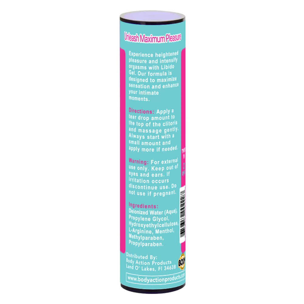Libido Gel Female Arousal Gel 0.5 Oz bottle instructions and ingredients label for enhanced pleasure.
