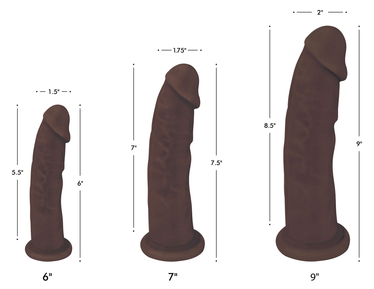 Silexpan Dark Hypoallergenic Silicone Dildo 7 Inch shown alongside 6" and 9" options with measurement details.