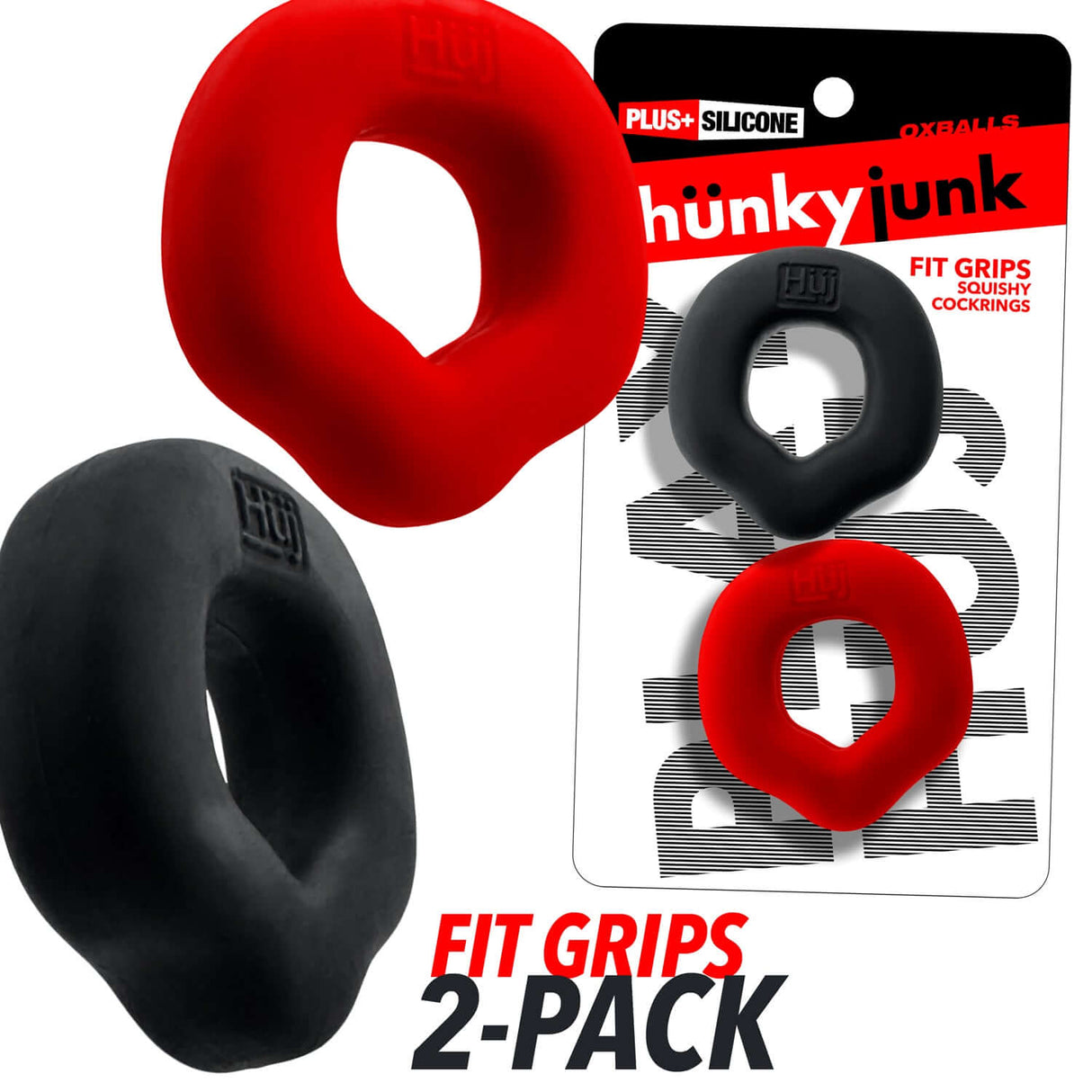 Oxballs Fit Grips 2-Pack Ergo-Fit Cockrings Black Red displayed in packaging with rubbery texture and flexible design.