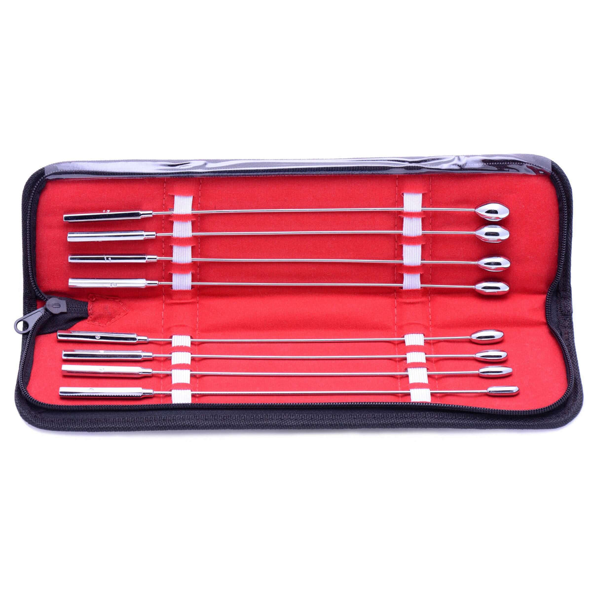 Kink Industries Rosebud Urethral Sounds Kit featuring graduated steel shafts in red case.