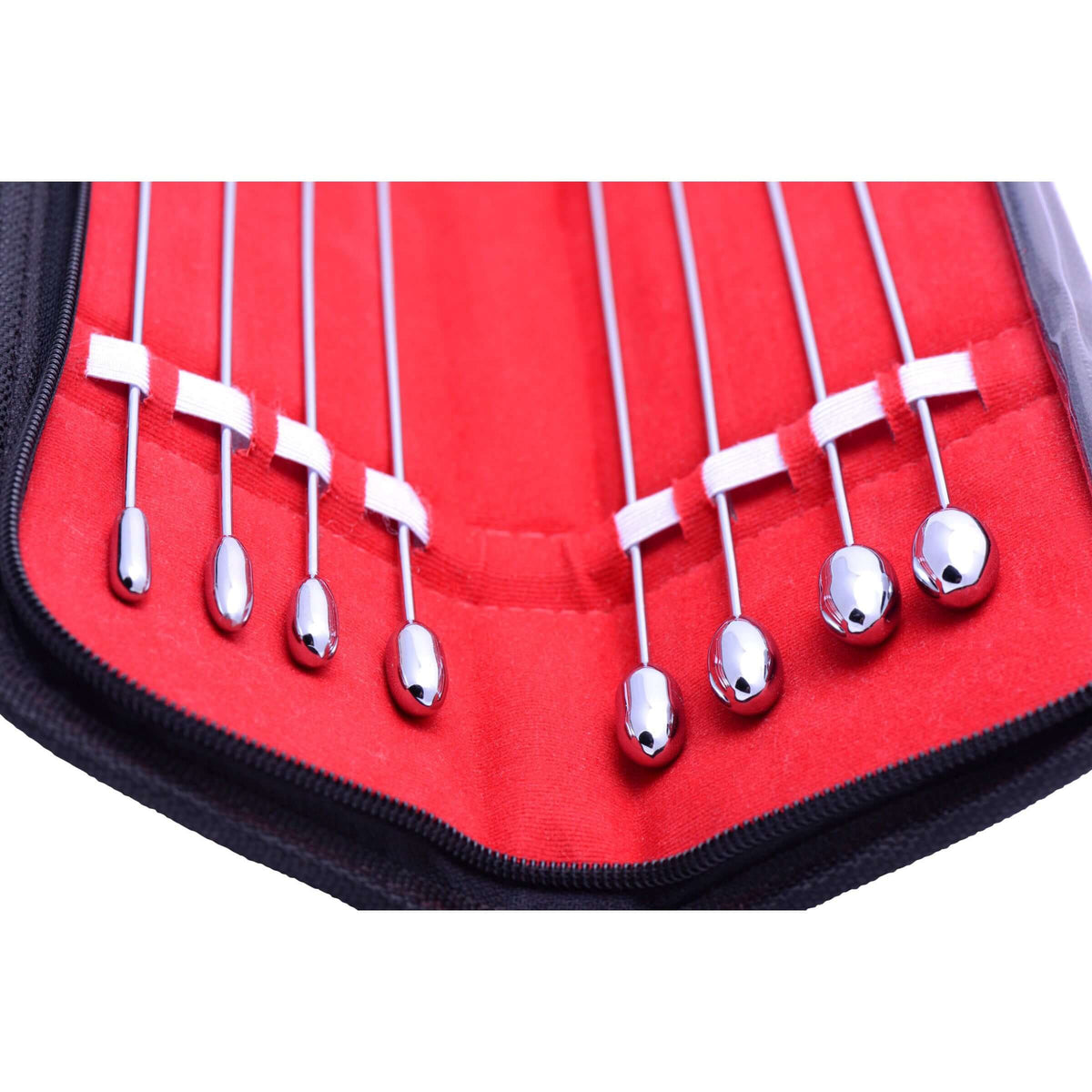 Kink Industries Rosebud Urethral Sounds Kit displaying a set of shiny steel shafts with distinct tips.