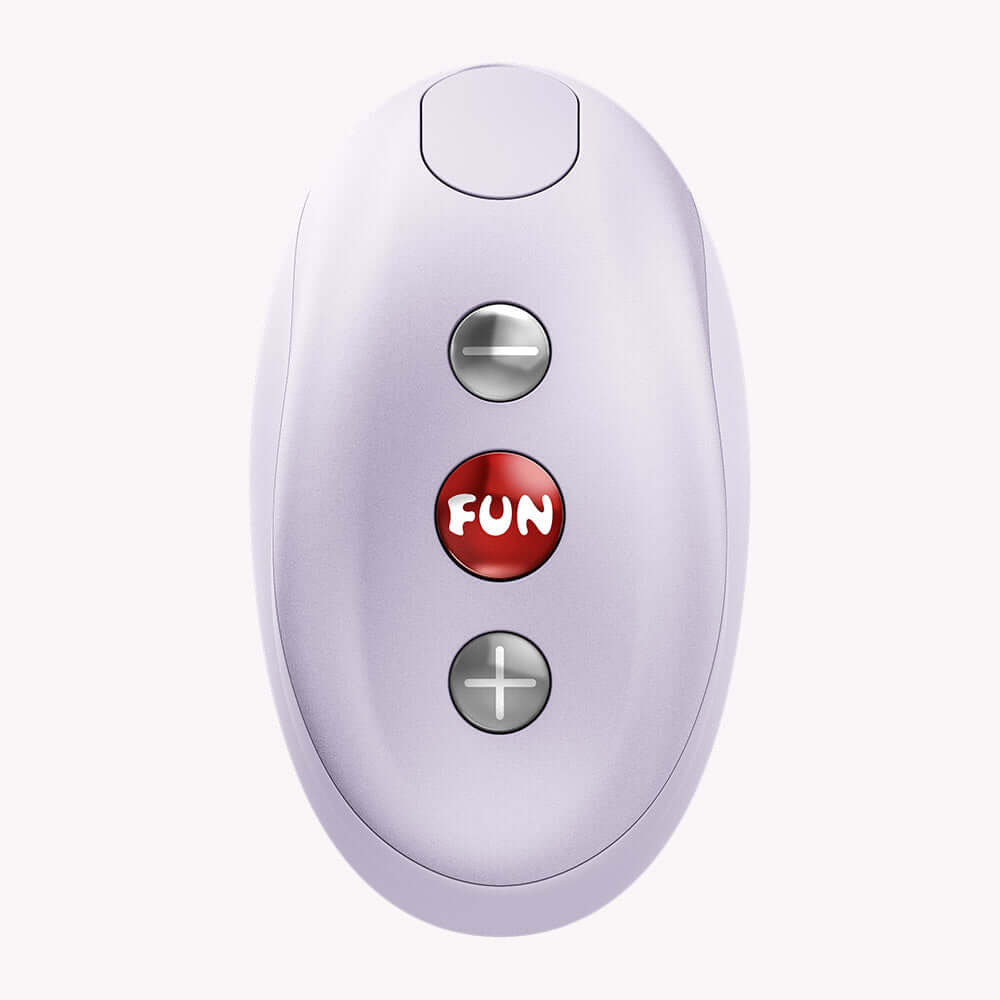 Fun Factory Mea Air Pulse Clitoral Vibrator Purple remote control with buttons for adjustable settings.