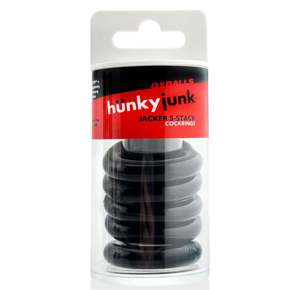 Oxballs Jacker 5-Stack Five-Pack Tube Super-Strong Cockrings Black in a clear storage tube.