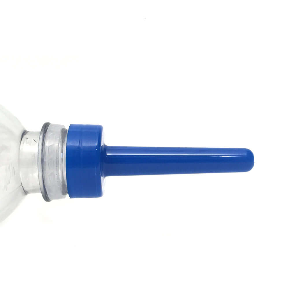 Close-up of the Boneyard Skwert Blue attachment for converting water bottles into a portable enema system.