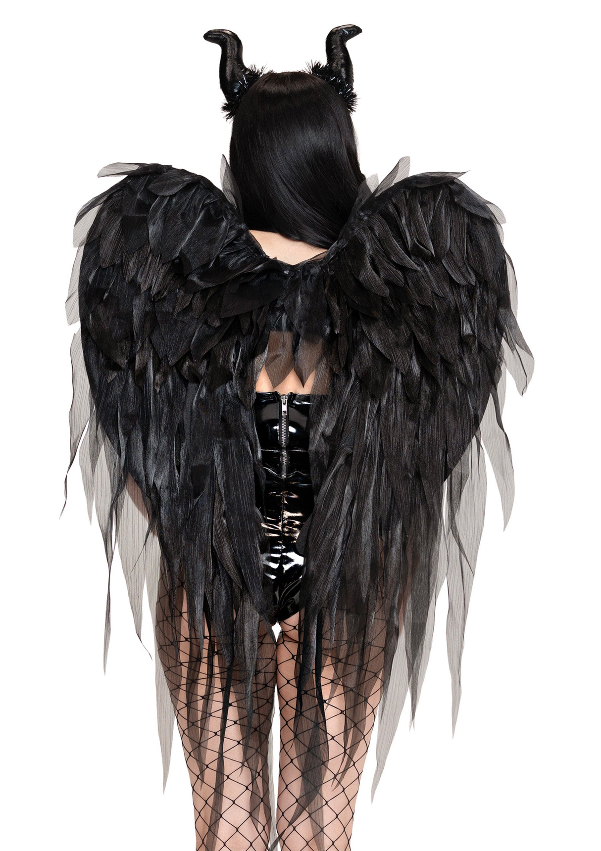 Leg Avenue Dark Enchantress Chiffon Wings & Horn Headband Black on a model with long black wings and curved horns.