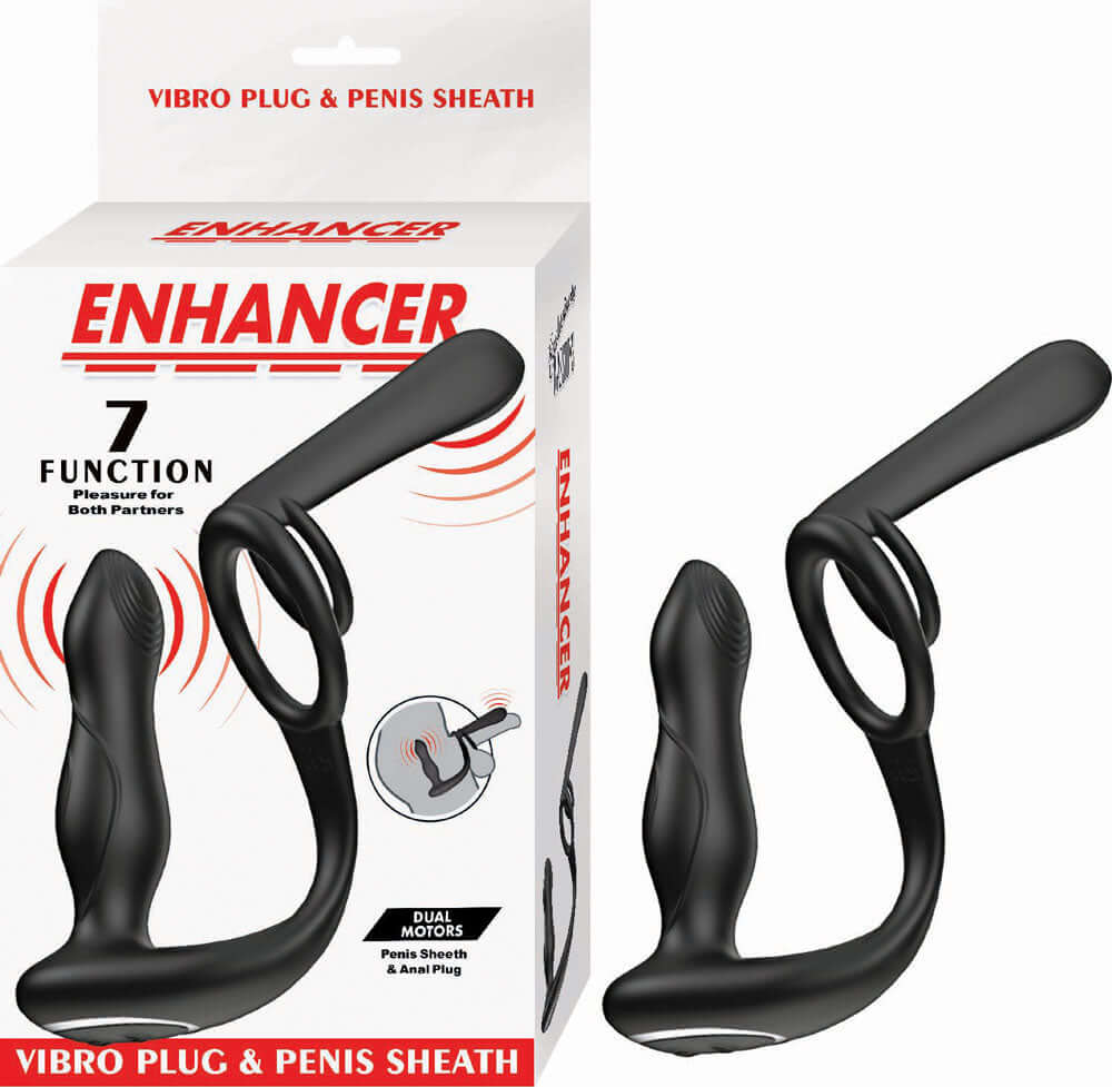 Enhancer Vibro Plug & Penis Sheath Black with dual motors and 7 vibration functions for enhanced pleasure.