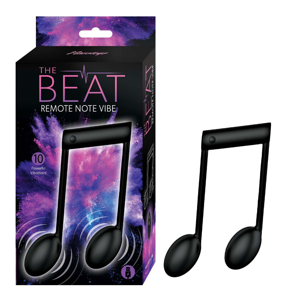 The Beat Remote Note Vibe Black product packaging featuring a whimsical music note design and features ten powerful vibrations.
