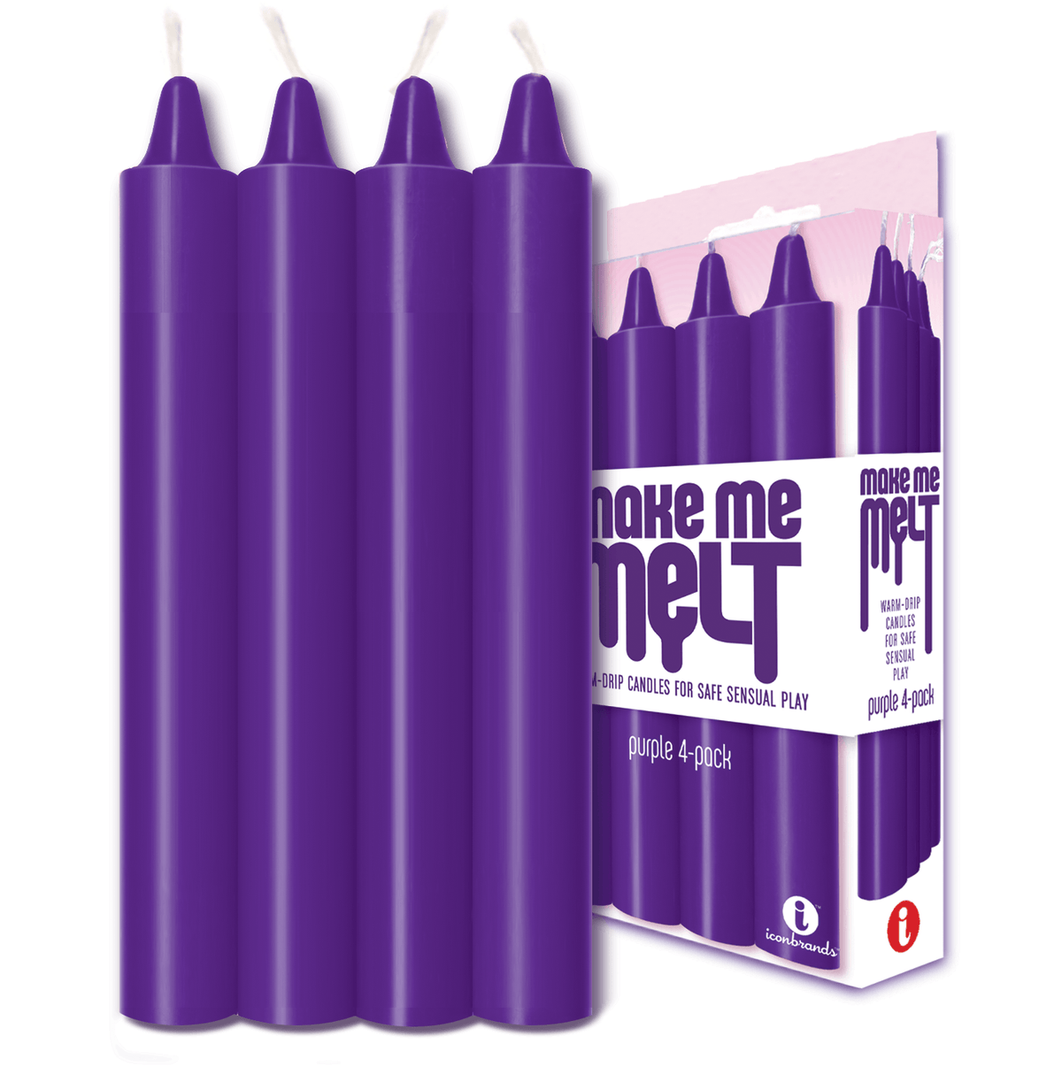 Make Me Melt Sensual Warm-Drip Candles 4 pack Purple in a pack, perfect for sensual temperature play.