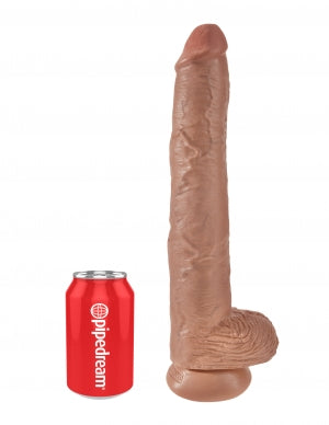 King Cock 14 Inch Cock with Balls Dildo Tan next to a can for size reference.