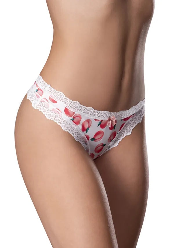Magic Silk Sweet Treats Crotchless Thong Peach 2XL featuring a delicate peach print and lace trim.