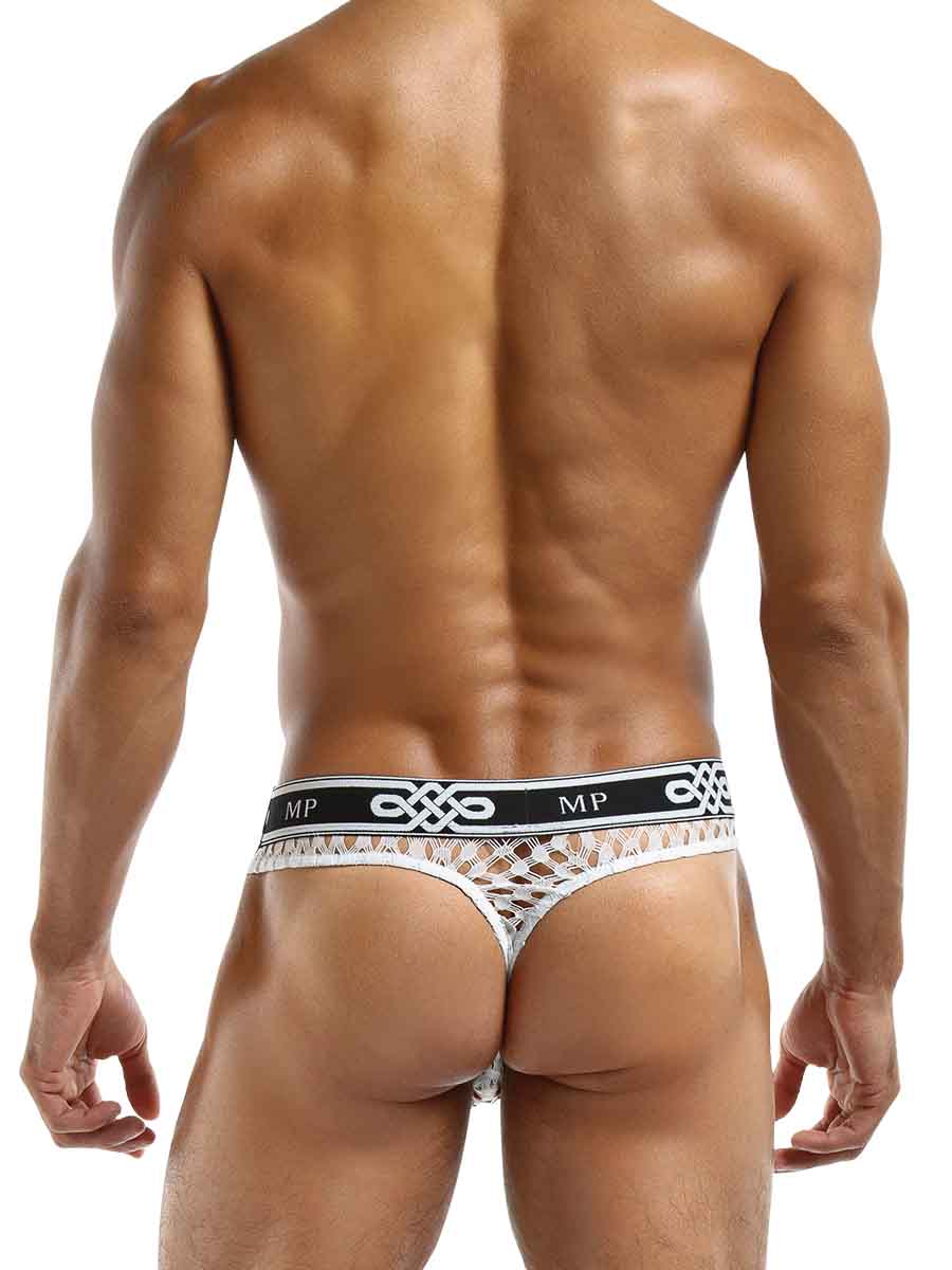 Male Power Peep Show Low Rise Thong White Small to Medium displayed from the back on a male model.