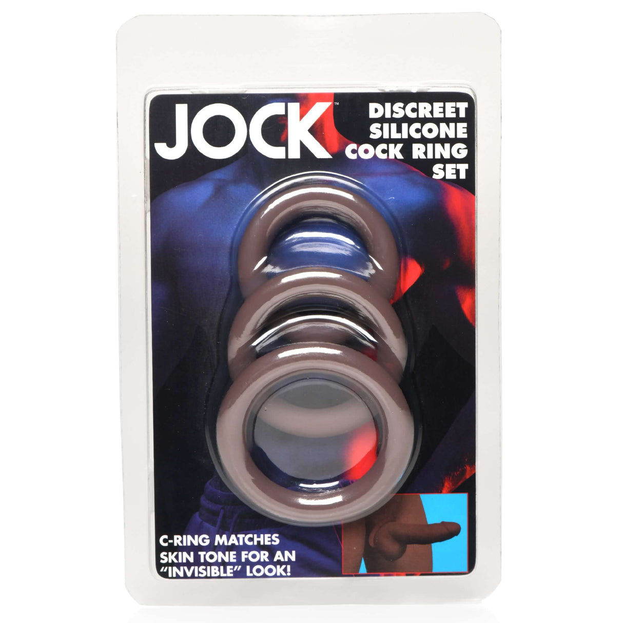 Jock Discreet Silicone Cock Ring Set Dark displayed in packaging with three silicone rings for customizable comfort and fit.