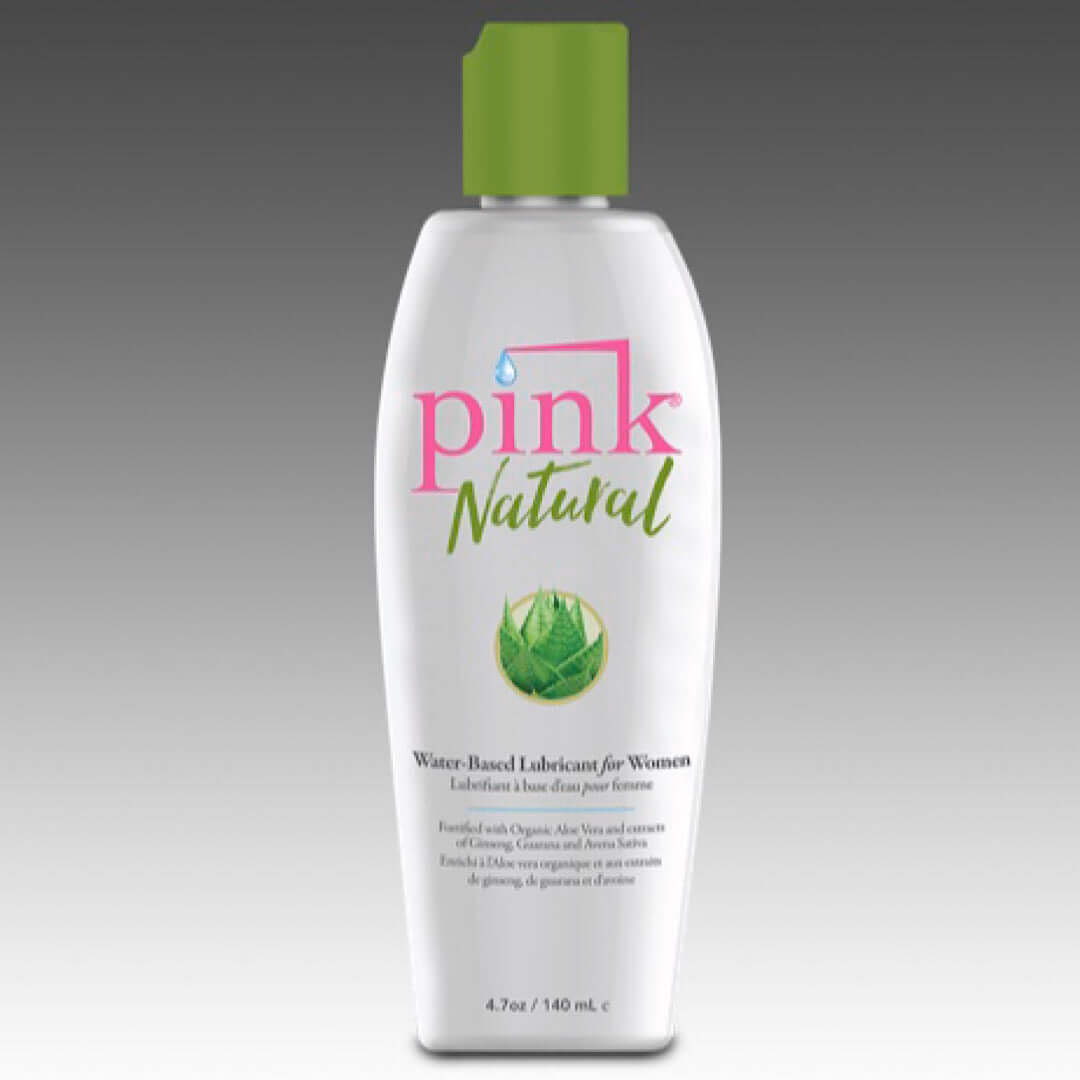 Pink Natural Water-based Lubricant for Women 4.7 Oz bottle with aloe vera design for intimate care.