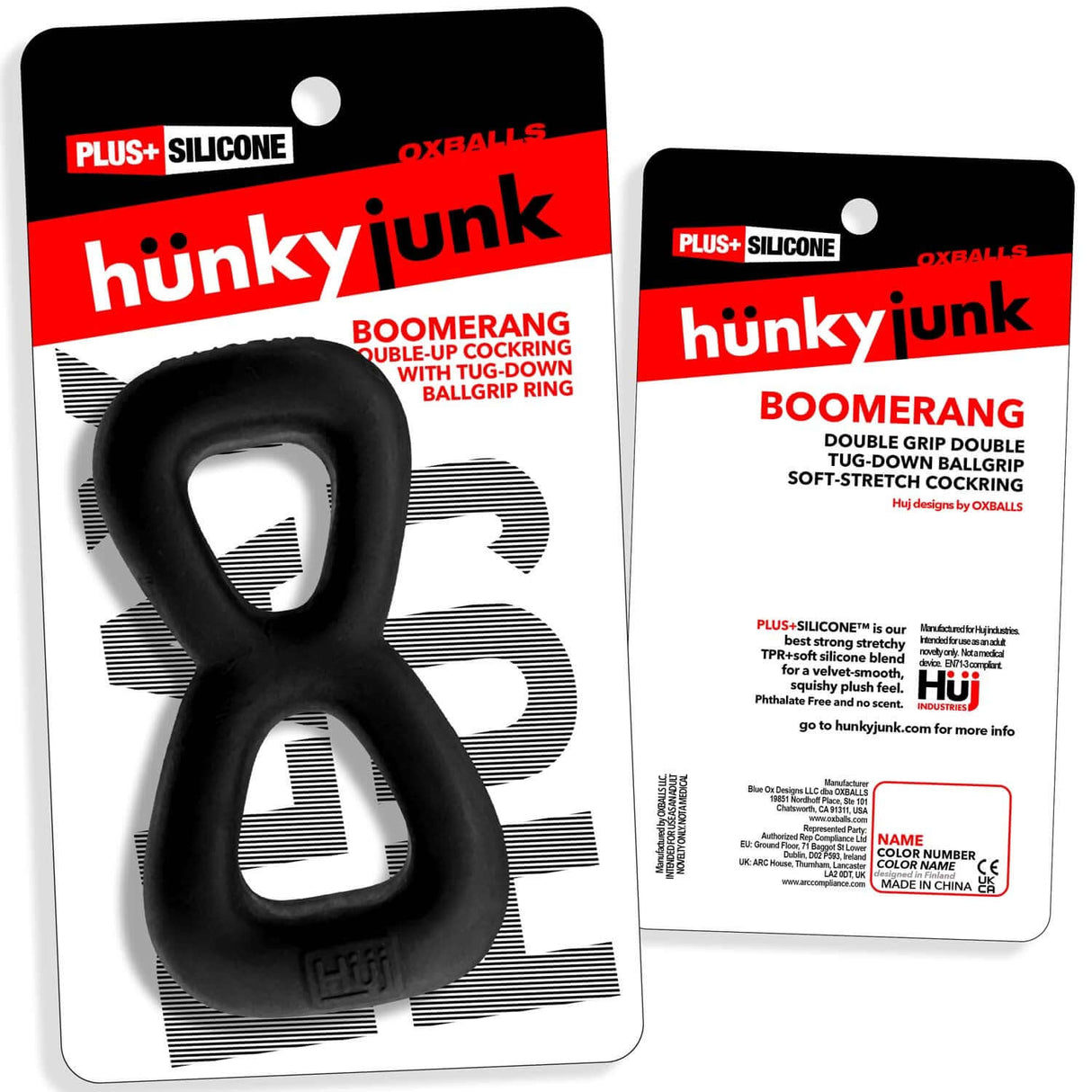 Oxballs Boomerang Double-Ring Cockring & Nut-Tugger Black on packaging with a sleek design for comfort and support.