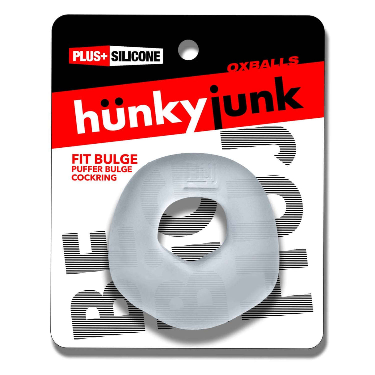 Oxballs Fit Bulge Hung-Style Cockring Clear Steam in packaging showcasing design and features.